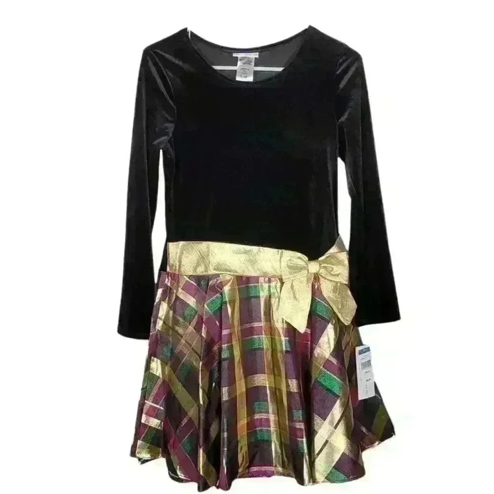 BONNIE JEAN  Girls Black Gold Bow Plaid Velvet  Holiday Party Dress  Sz …